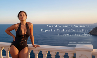 Woman in black swimsuit standing on a balcony with ocean view and promotional text about award-winning swimwear.
