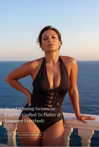 Woman in a black swimsuit standing by the ocean with promotional text overlay.