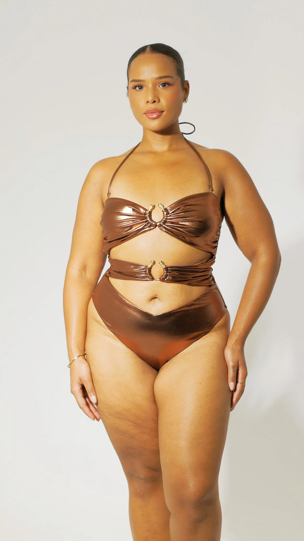 Bronze Medusa Cut-Out Swimsuit - 16-18 360 view